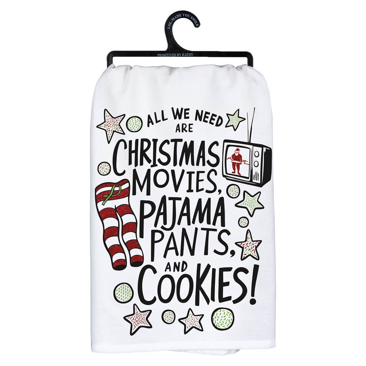 Decorative dish towel with festive Christmas-themed text and graphics.