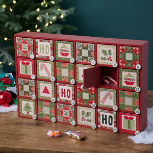 Red wooden christmas quilt countdown box with 24 numbered compartments featuring festive quilted patterns for merry christmas countdown and christmas decorations & ornaments