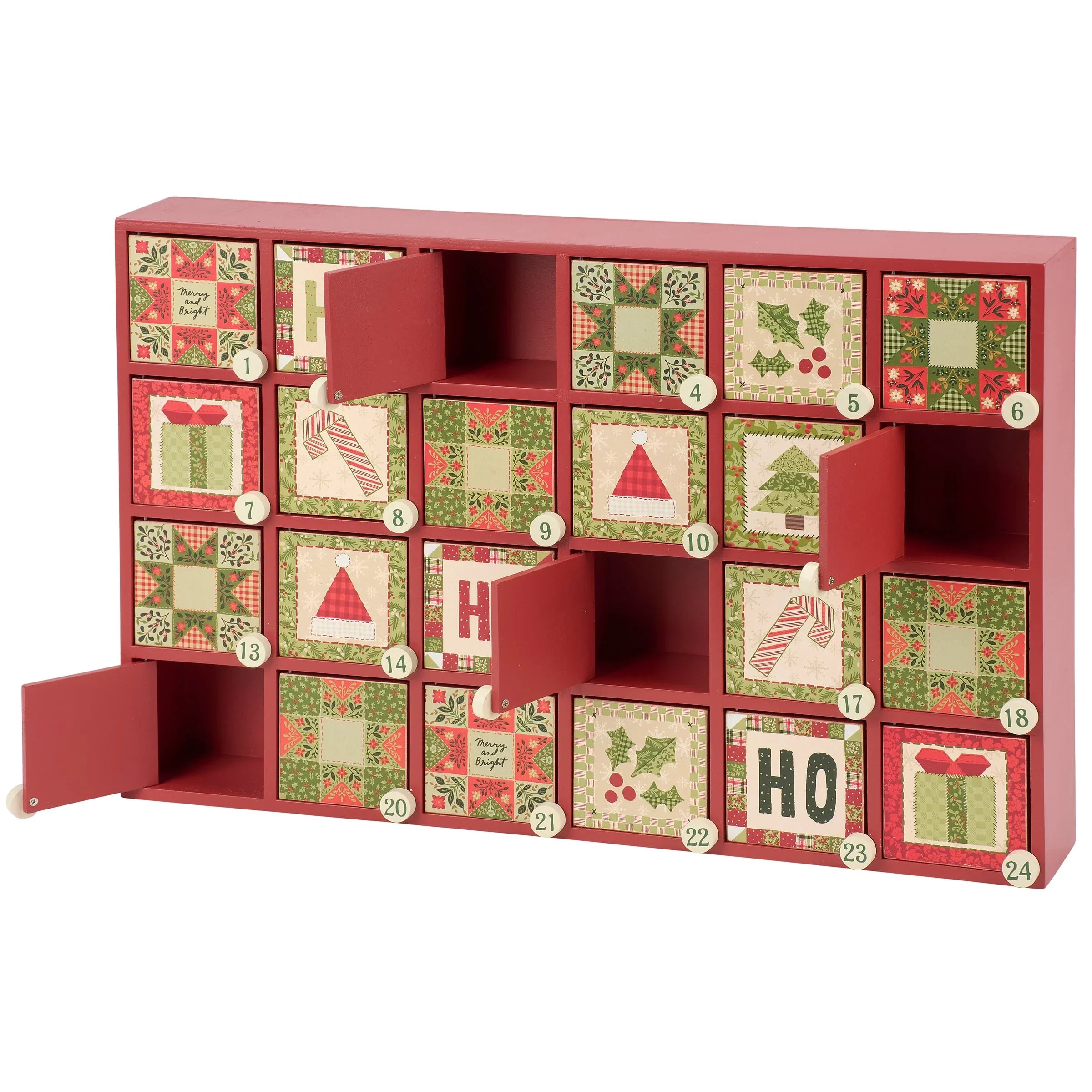 Red wooden christmas quilt countdown box with 24 festive patchwork compartments for merry christmas countdown decor