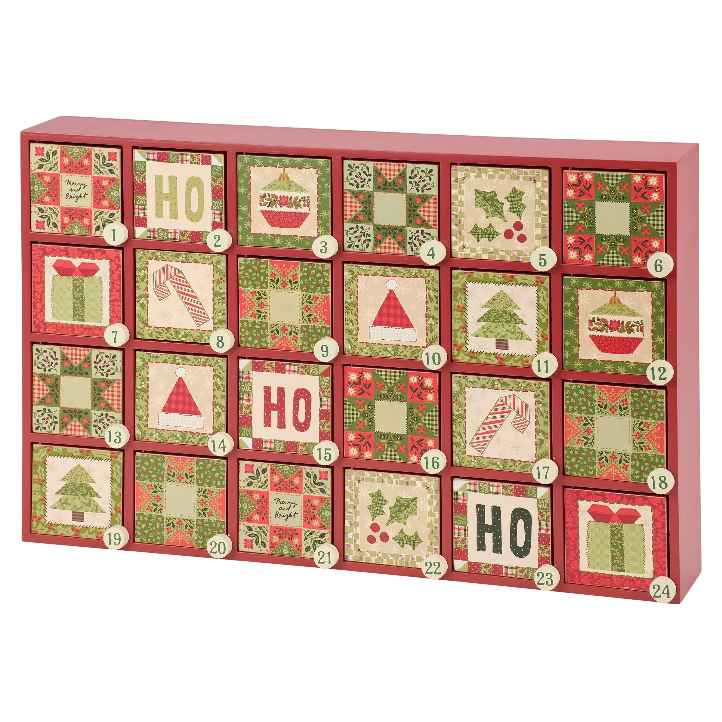 Red wooden christmas quilt countdown box with 24 festive numbered compartments for merry christmas countdown and decorations