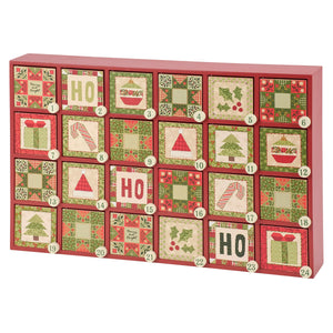 Red wooden christmas quilt countdown box with 24 festive numbered compartments for merry christmas countdown and decorations