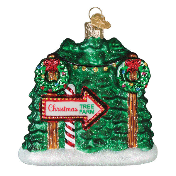 Green glittery glass christmas tree farm ornament with red gold wreaths candy cane and tree farm sign
