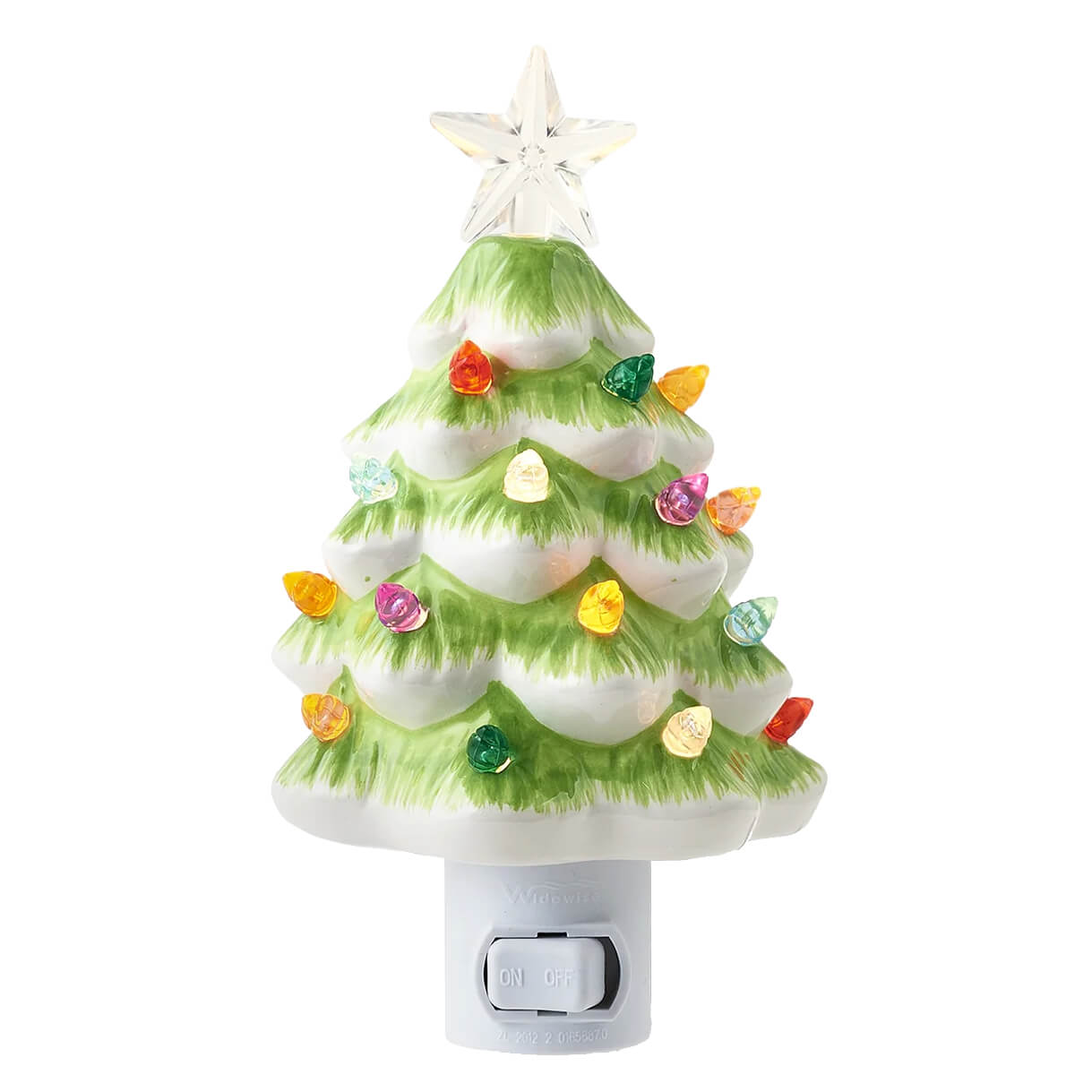 Ceramic christmas tree night light with white base green and white branches colorful led bulbs and clear star topper