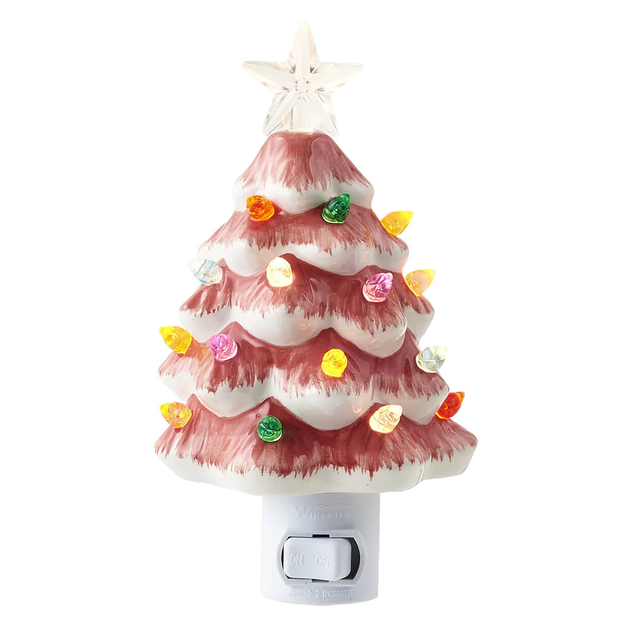 A pink and white ceramic christmas tree night light with colorful glowing bulbs and a clear star top for christmas night lights