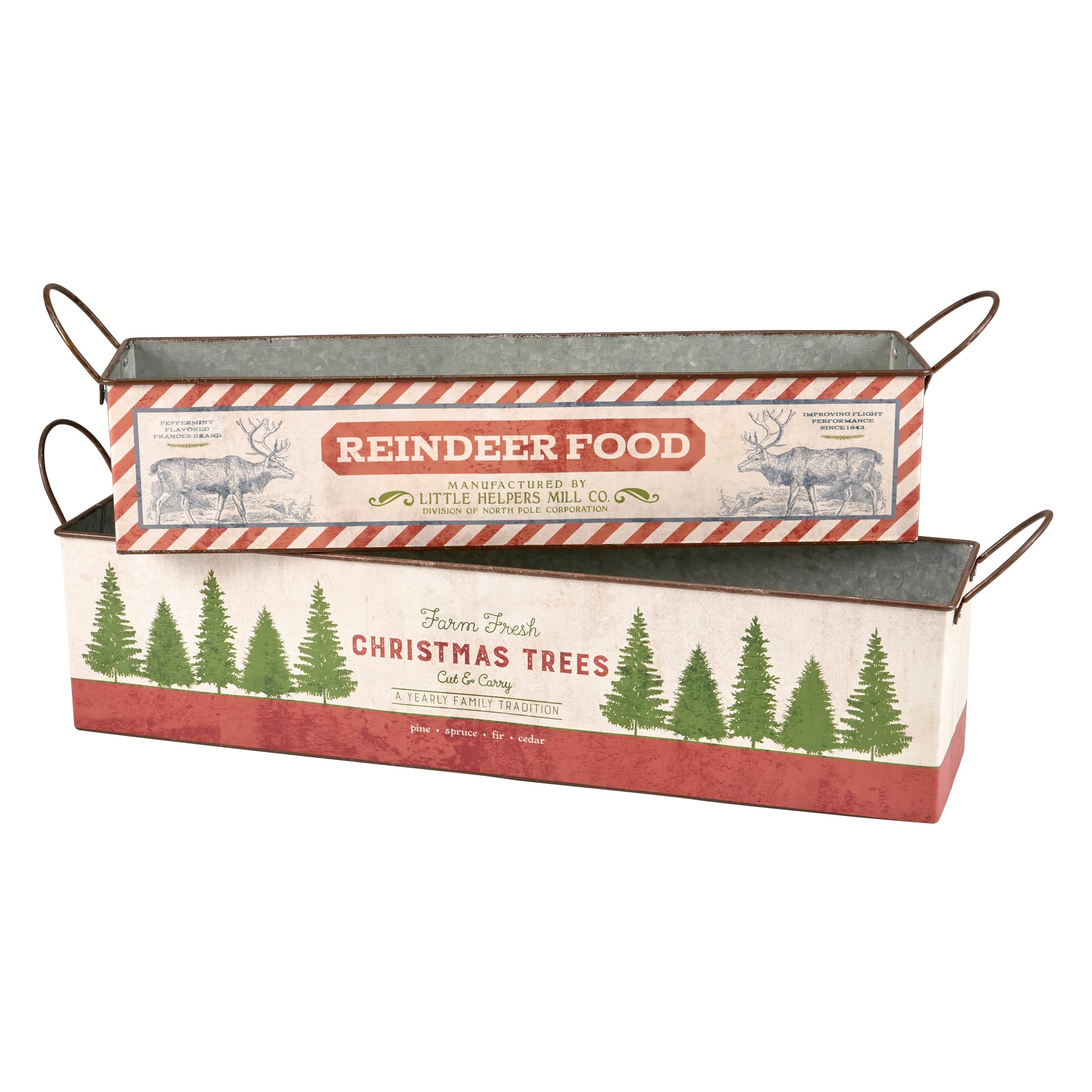 Set of two rustic galvanized metal reindeer food bin set trays with festive holiday designs and wire handles