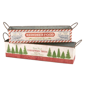 Set of two rustic galvanized metal reindeer food bin set trays with festive holiday designs and wire handles