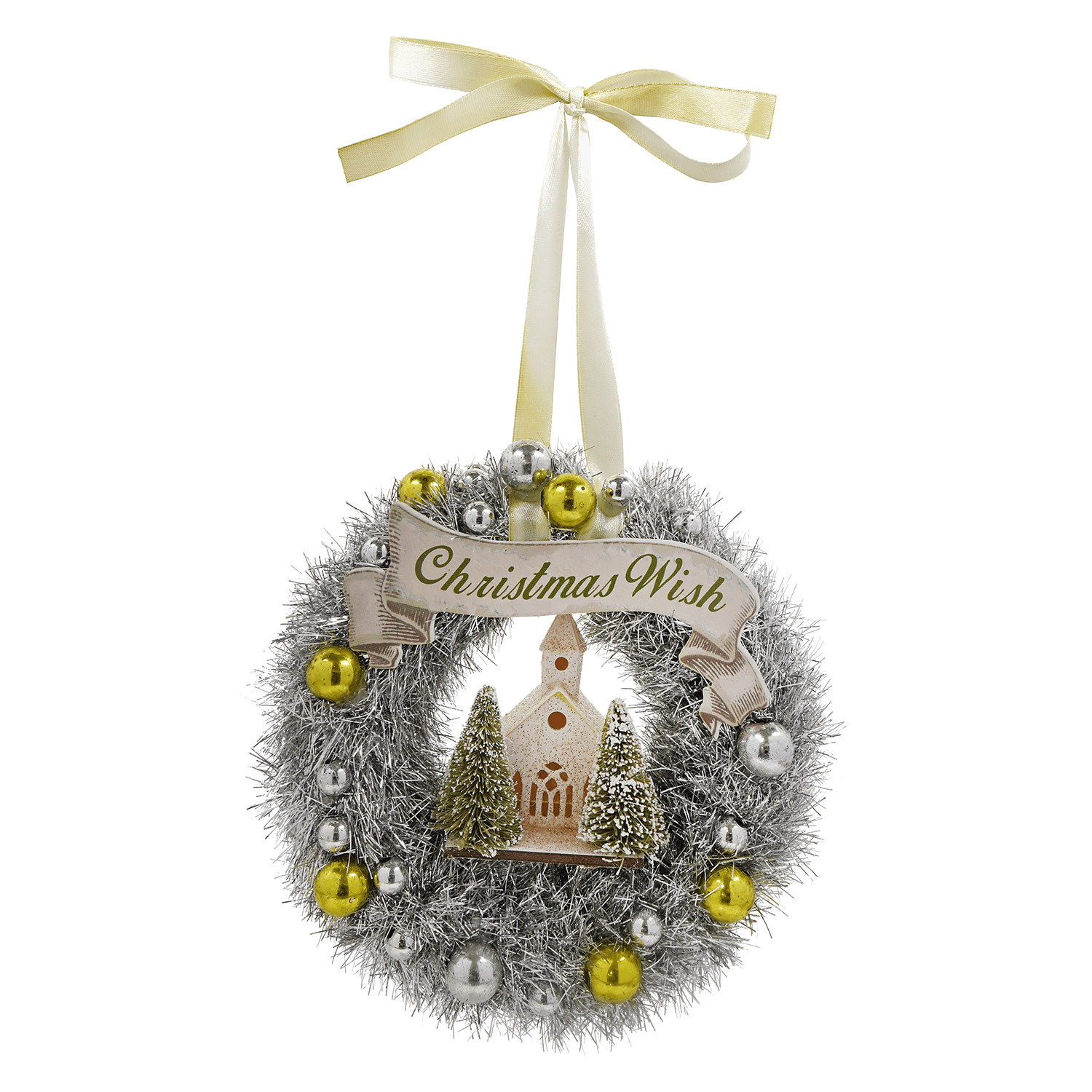 Silver tinsel wreath with green tinsel wreath style featuring a church ornament and cream ribbon banner reading christmas wish