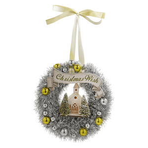 Silver tinsel wreath with green tinsel wreath style featuring a church ornament and cream ribbon banner reading christmas wish
