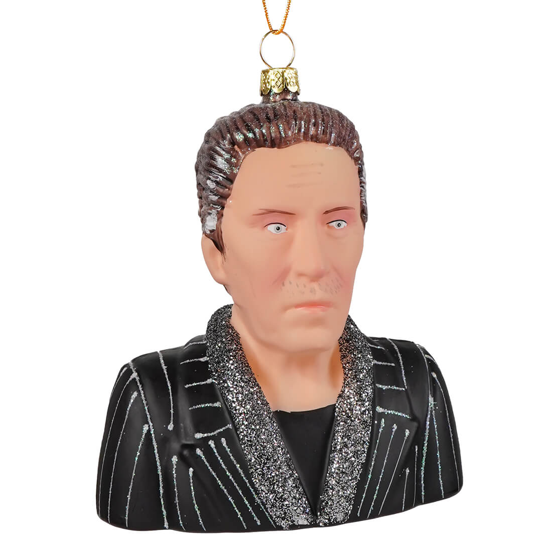Christopher walken glass christmas ornament by cody foster features a bust with dark hair blue eyes and glittery pinstripe jacket