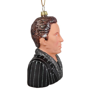Glossy glass christopher walken christmas ornament in black pinstripe suit with silver glitter accents by cody foster