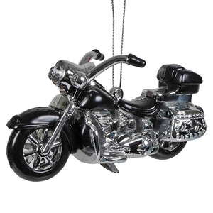 Black and chrome motorcycle ornament with glossy finish and star embellishments perfect as a kurt adler ornament