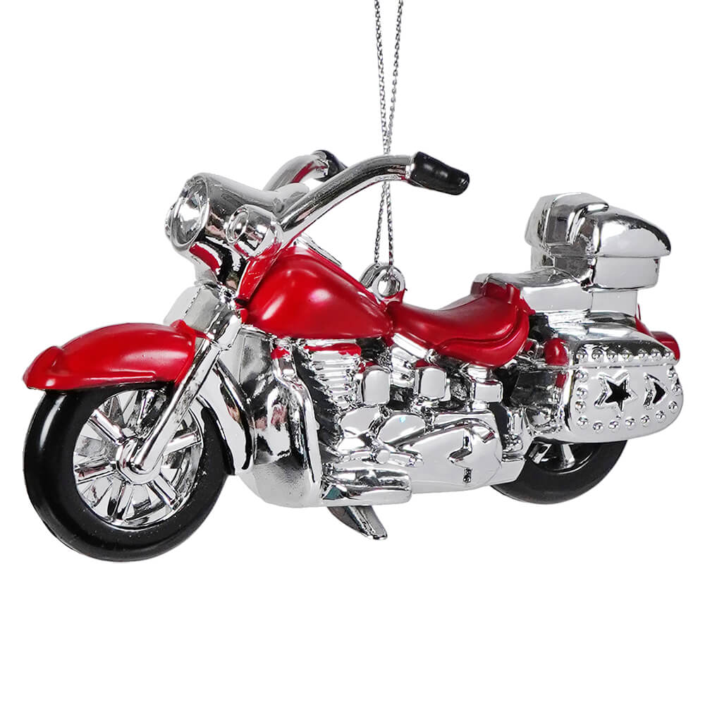 Chrome and red motorcycle ornament featuring a red motorcycle ornament design by kurt adler in silver and red colors