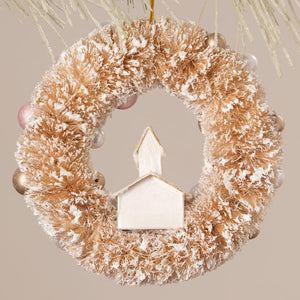 Faux fur christmas wreath ornament with frosted gold finish small metallic balls and white miniature house by bethany lowe