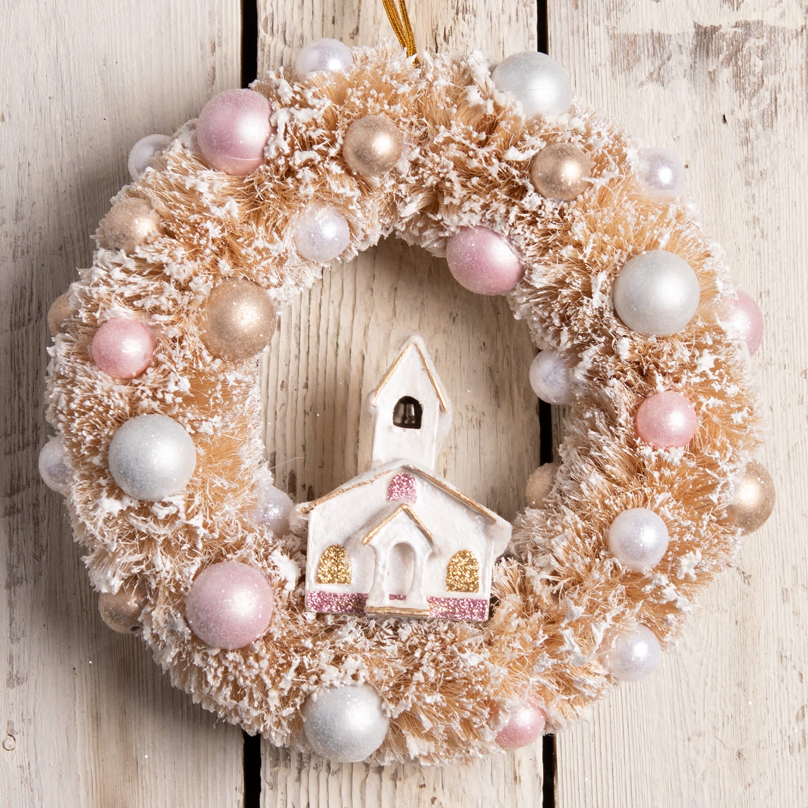 A delicate frosted gold bethany lowe christmas wreath adorned with pink silver and champagne pearls for hanging decor