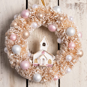 A delicate frosted gold bethany lowe christmas wreath adorned with pink silver and champagne pearls for hanging decor