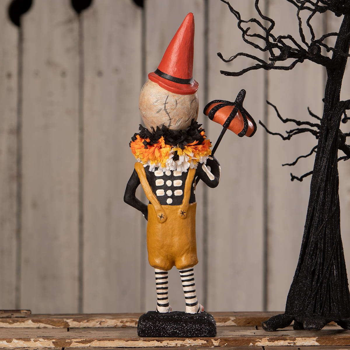 Circus skelly halloween skeleton decor figure with red cone hat orange black ruffled collar and umbrella