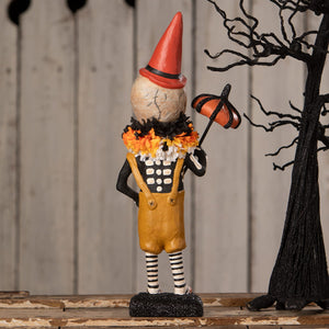 Circus skelly halloween skeleton decor figure with red cone hat orange black ruffled collar and umbrella