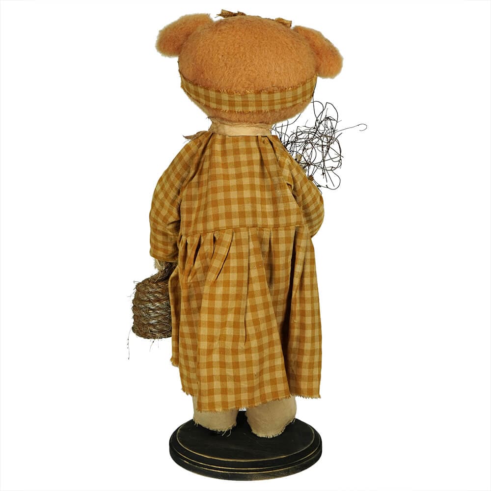 Claire Bear in Plaid Dress Holding Flowers & Beehive