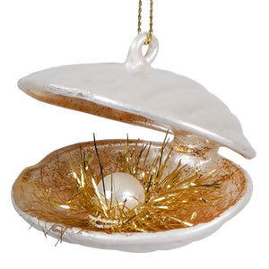 White glass clam blown glass ornament with gold glitter nest and pearl inside perfect shell and seashore decor