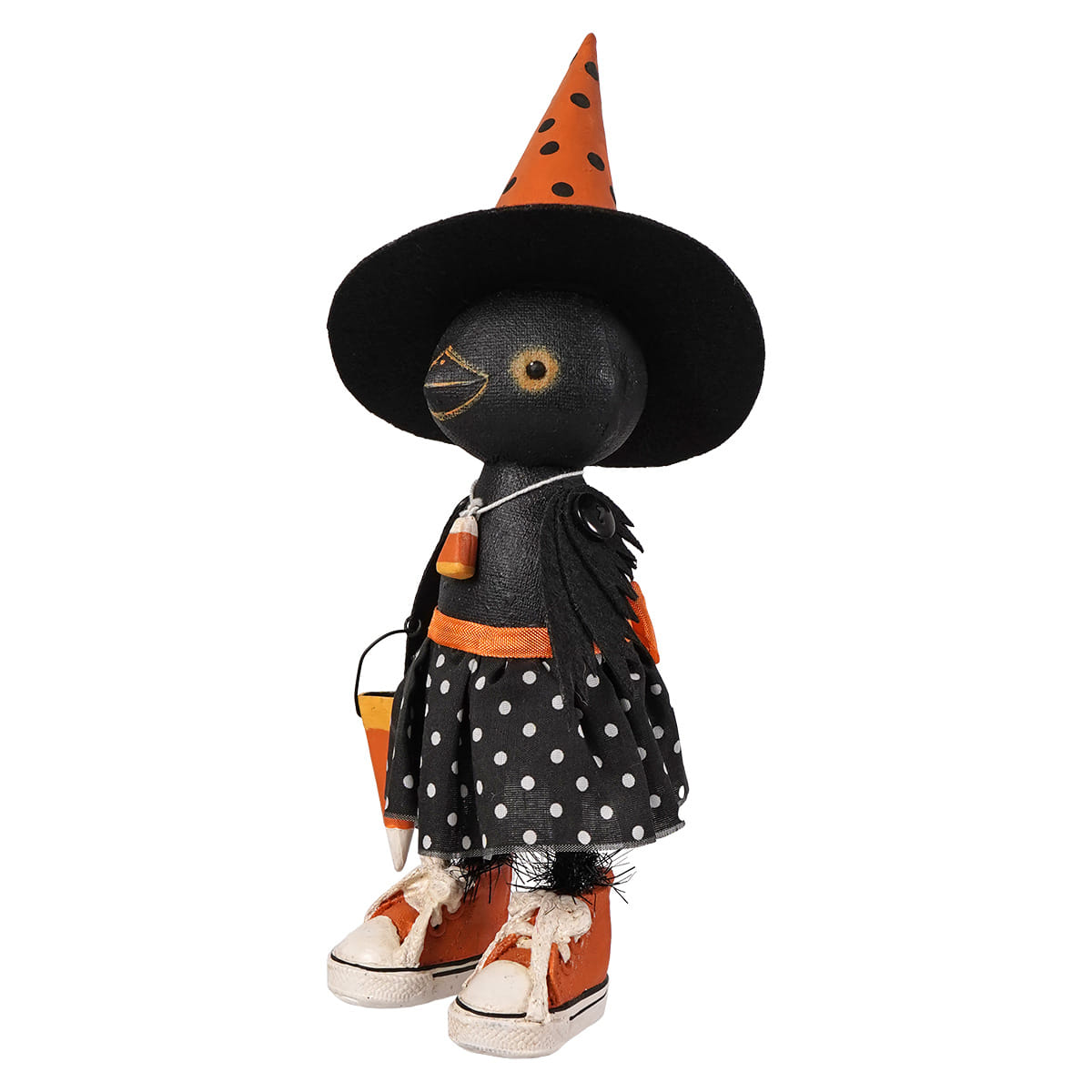 Clara crowloff black witch bird figurine wearing orange polka-dot hat and sneakers bethany lowe halloween pumpkin sitter