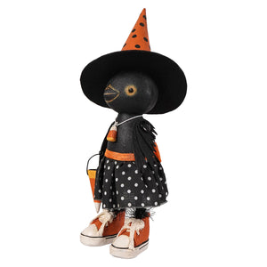 Clara crowloff black witch bird figurine wearing orange polka-dot hat and sneakers bethany lowe halloween pumpkin sitter