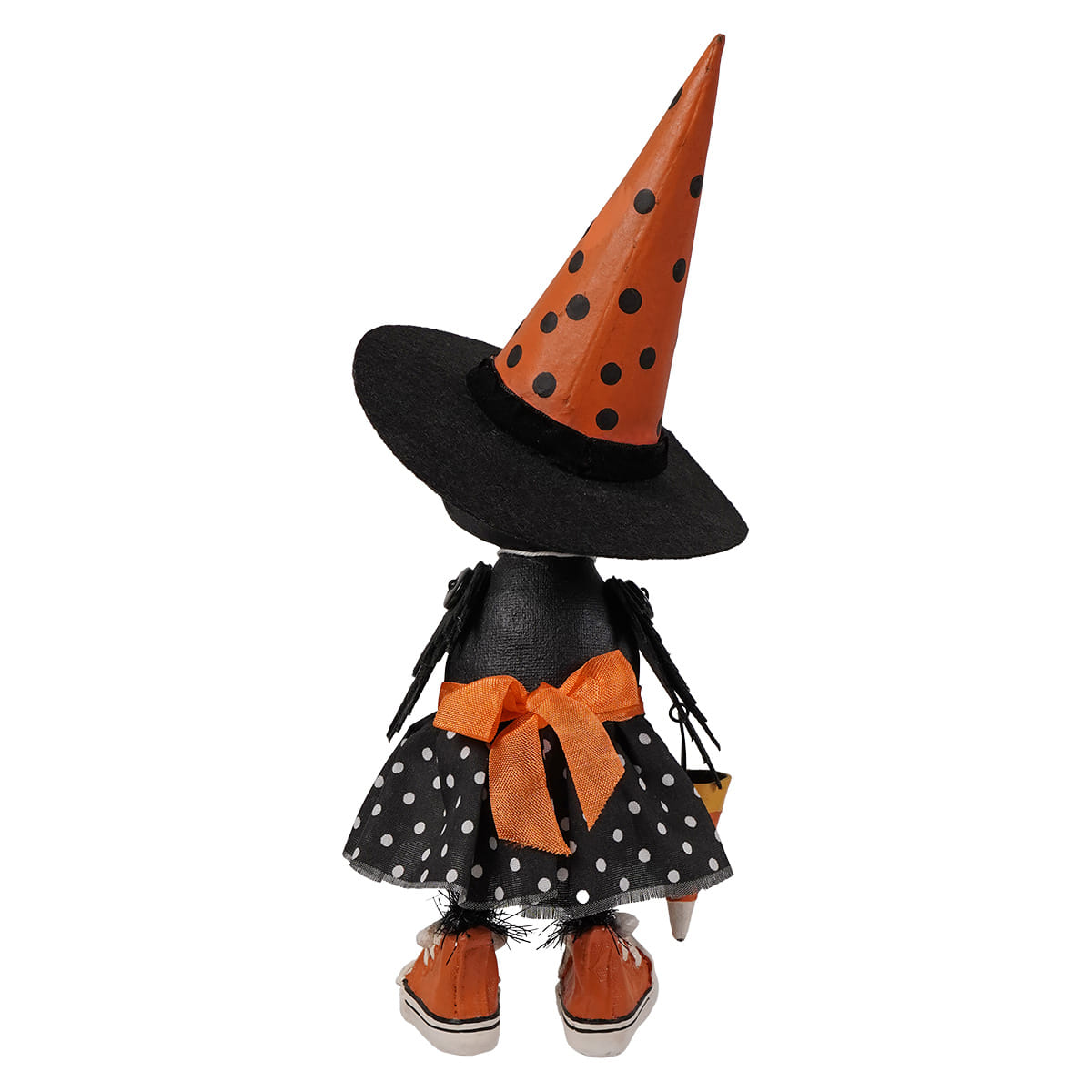 A charming clara crowloff halloween witch figurine with an orange polka-dot hat and pumpkin sitter style shoes by bethany lowe halloween figures & dolls