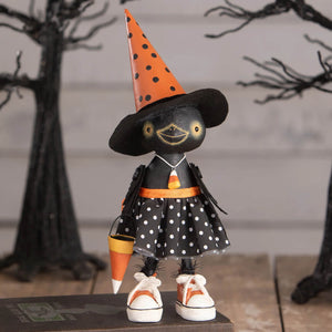 Clara Crowloff black witch pumpkin sitter with orange polka-dot hat and skirt candy corn necklace by Bethany Lowe Halloween figures and dolls
