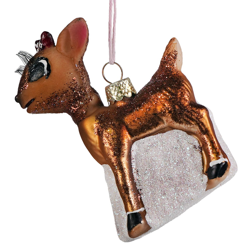 A glittery brown glass deer ornament with silver base and detailed eyes as a retro rudolph character glass decoration