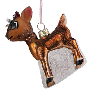 A glittery brown glass deer ornament with silver base and detailed eyes as a retro rudolph character glass decoration
