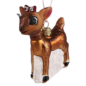 Clarice retro rudolph character glass ornament features a glittery brown glass reindeer with a red silver bow and gold bell