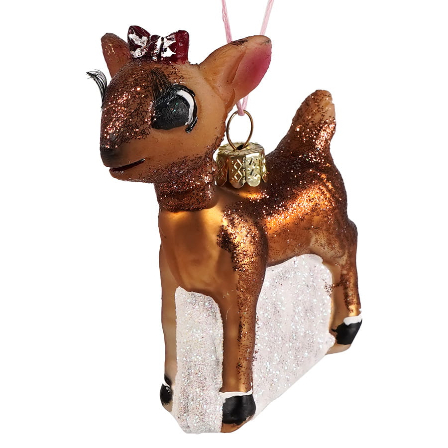 Clarice retro rudolph character glass ornament features a glittery brown glass reindeer with a red silver bow and gold bell