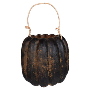 Dark rustic classic jack face black pumpkin bucket lantern with twine handle and weathered finish from muffin junction