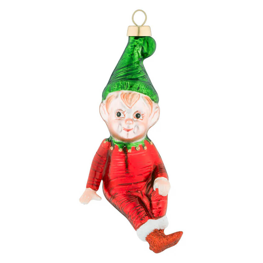 Classic little elf ornament glass christmas ornament featuring cheerful elf in red outfit with glittery boots santa ornament