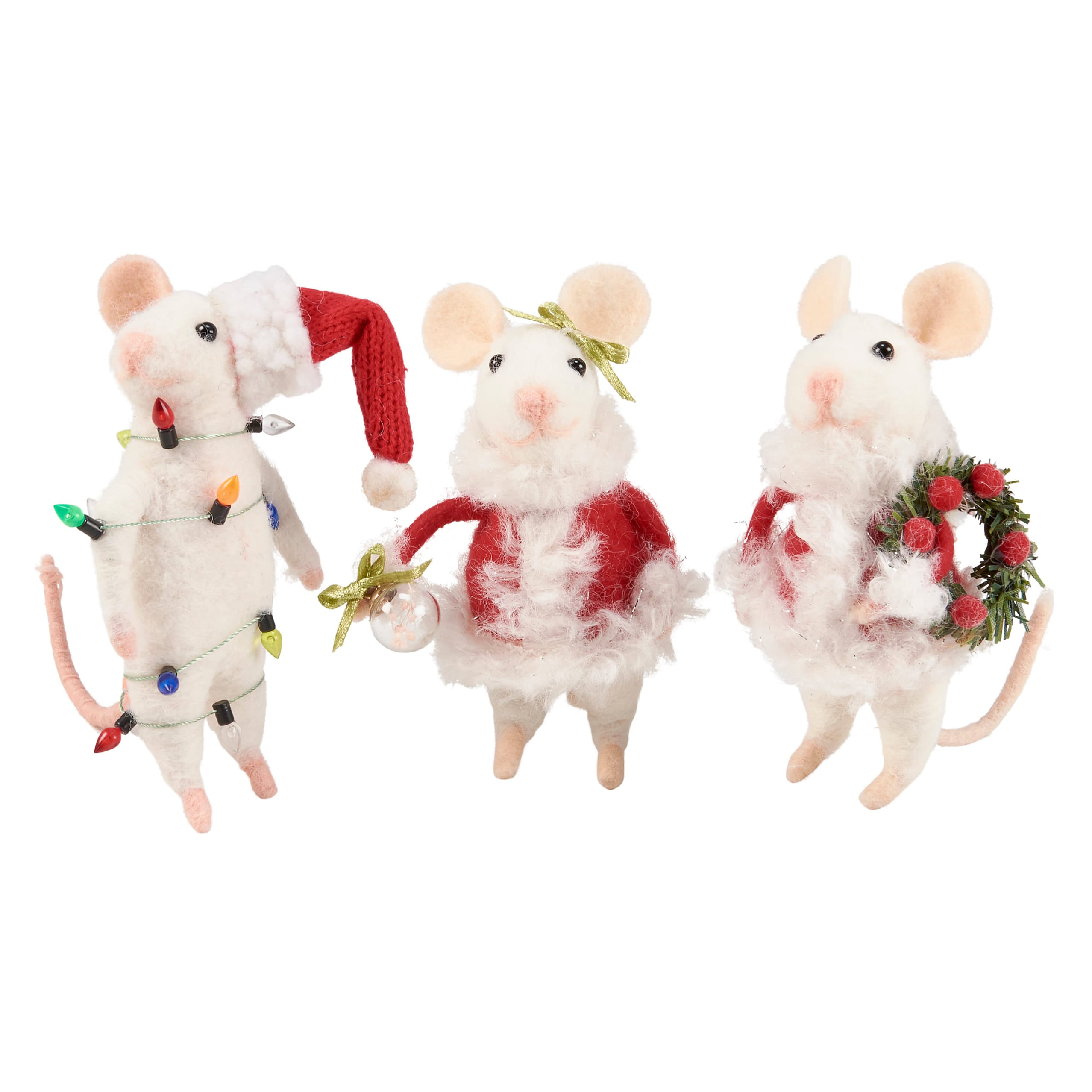 Three festive white plush merry mouse critters wearing santa hat red sweater and wreath from claus family mice set