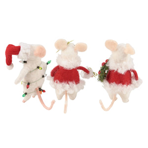 Three festive white felt merry mouse critters in holiday outfits with red accents from claus family mice critter set