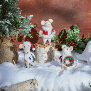 White felt merry mouse critter figurines dressed in festive holiday outfits from claus family mice critter set