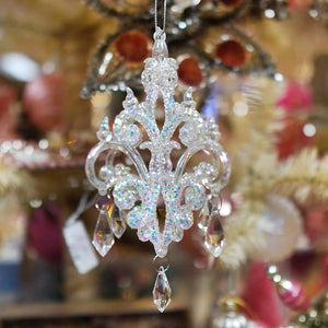 Clear iridescent chandelier ornament with glitter accents and teardrop crystals kurt adler ornament perfect for vintage christmas decor