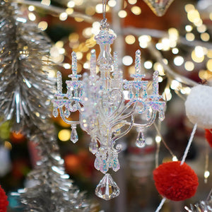 Clear iridescent chandelier ornament with crystal and glitter accents perfect for traditional vintage christmas ornaments