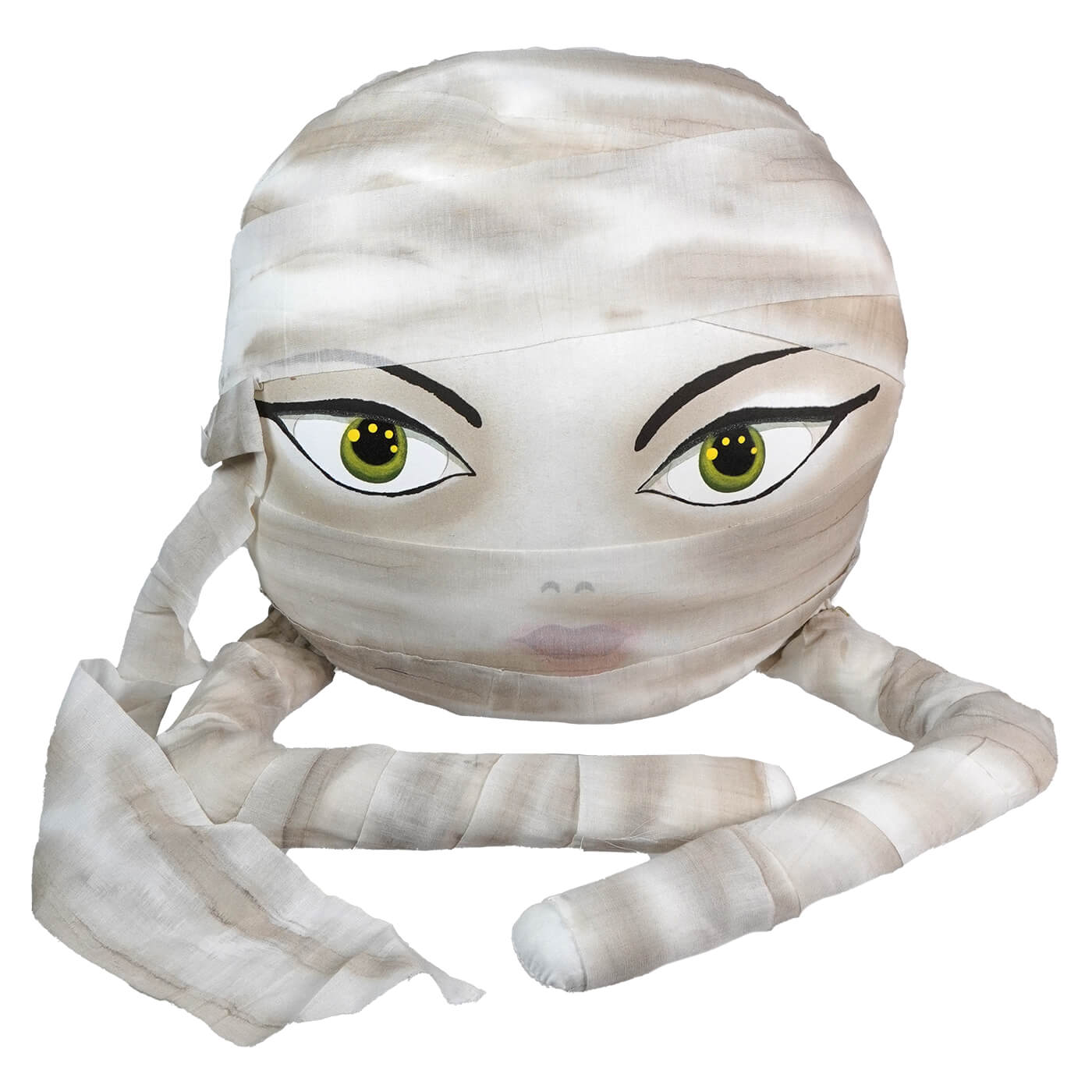 Cartoon-style mummy head with bright green eyes and dangling bandage strips.