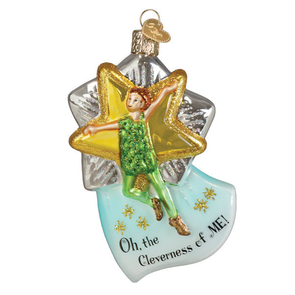 Clever peter pan christmas glass ornament featuring a green glittery tinkerbell on gold star background