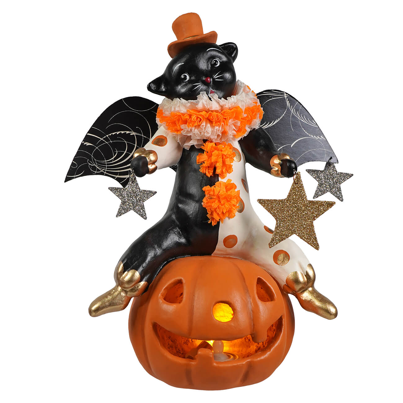 Black clown cat figurine with bat wings and orange top hat sitting on a glowing jack o lantern pumpkin by bethany lowe halloween tabletop decor
