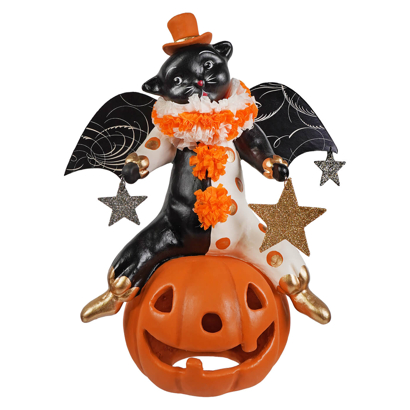 A black clown cat figurine on jack with orange and white polka-dot outfit and glittery stars from bethany lowe halloween tabletop decor