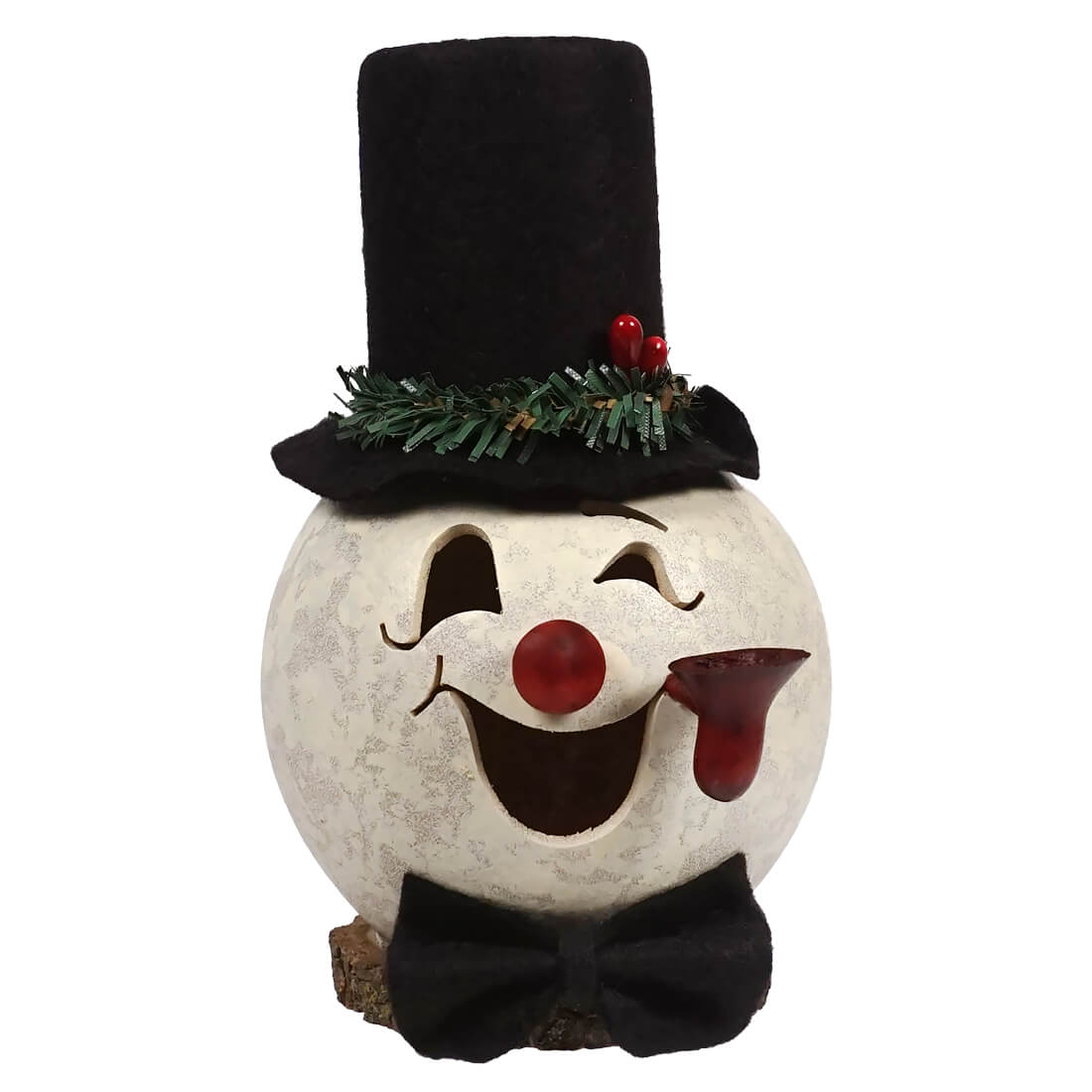 A festive white snowman gourd lantern with black hat green garland red berries and bow tie from meadowbrooke gourds