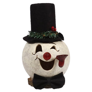 A festive white snowman gourd lantern with black hat green garland red berries and bow tie from meadowbrooke gourds
