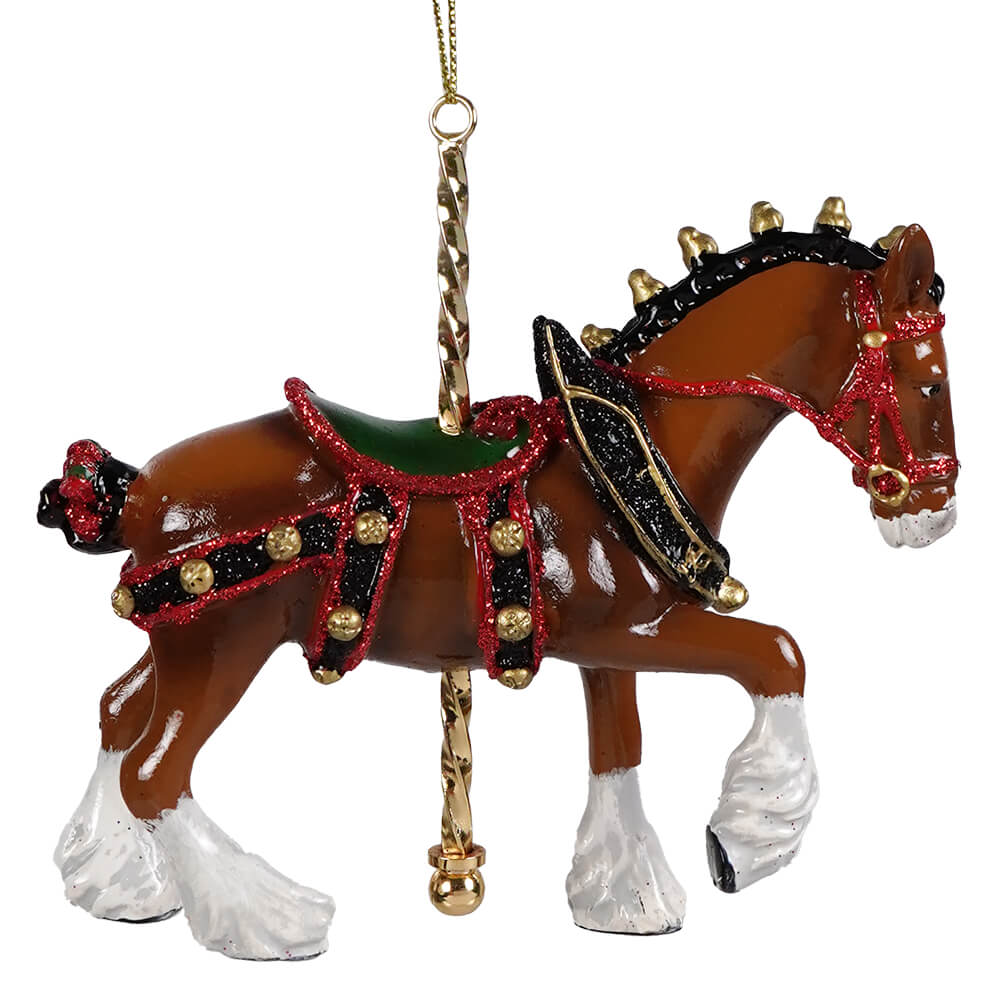 Glossy brown clydesdale carousel ornament with white hooves and red black glittery tack by kurt adler horse ornament