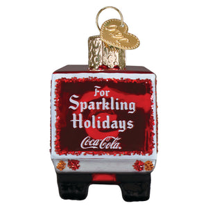 Red and white glass coca-cola christmas truck ornament with glitter trim gold heart tag and black wheels transportation ornament