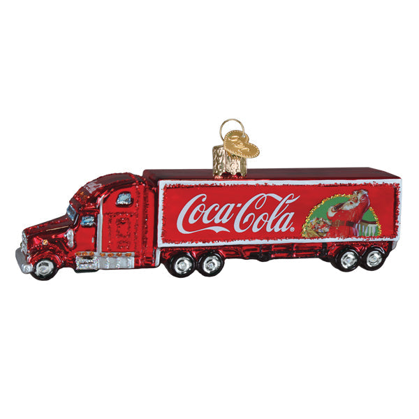 Red glass coca-cola christmas truck ornament with santa illustration, a festive transportation ornament perfect for holidays