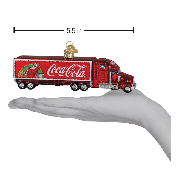 Red glittery coca-cola christmas truck ornament with festive santa design perfect for transportation ornaments