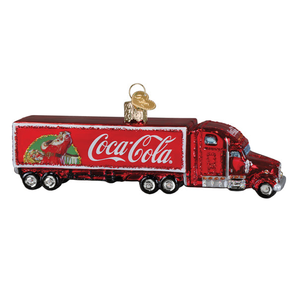 Red glittery coca-cola christmas truck ornament with santa design perfect for logging truck ornament and transportation ornaments