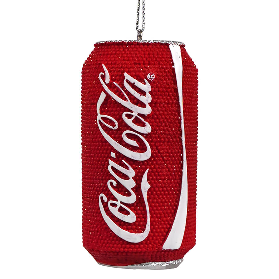 Red sparkling coca-cola can ornament with silver trim and white logo perfect for coca-cola and popcorn decor by kurt adler